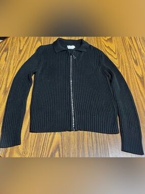 Choice Black Ribbed Zip-Front Sweater with Rhinestone Zipper Size Medium